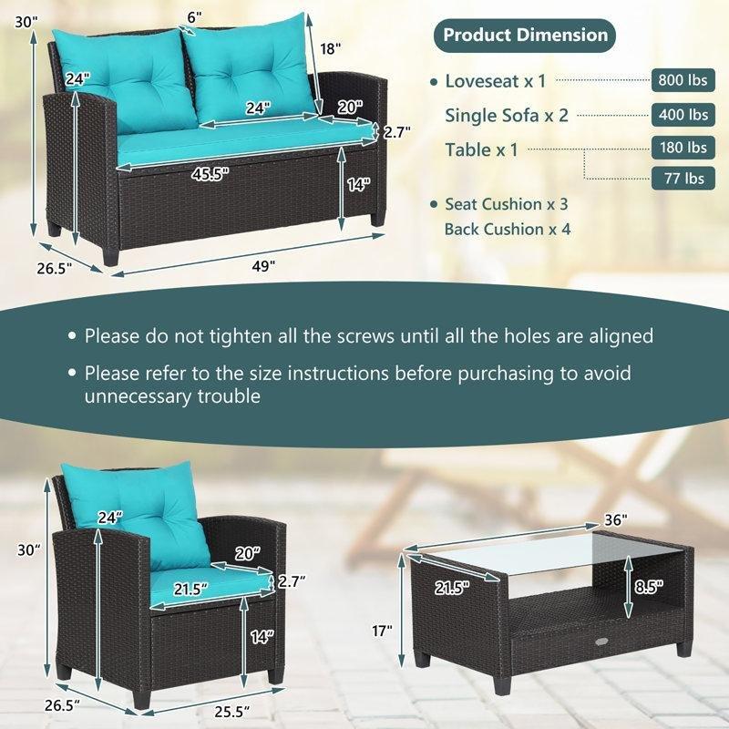 Karışık Kahverengi Rattan Cam Tablalı Minderli 4 Kişilik Bahçe Takımı - 210532
