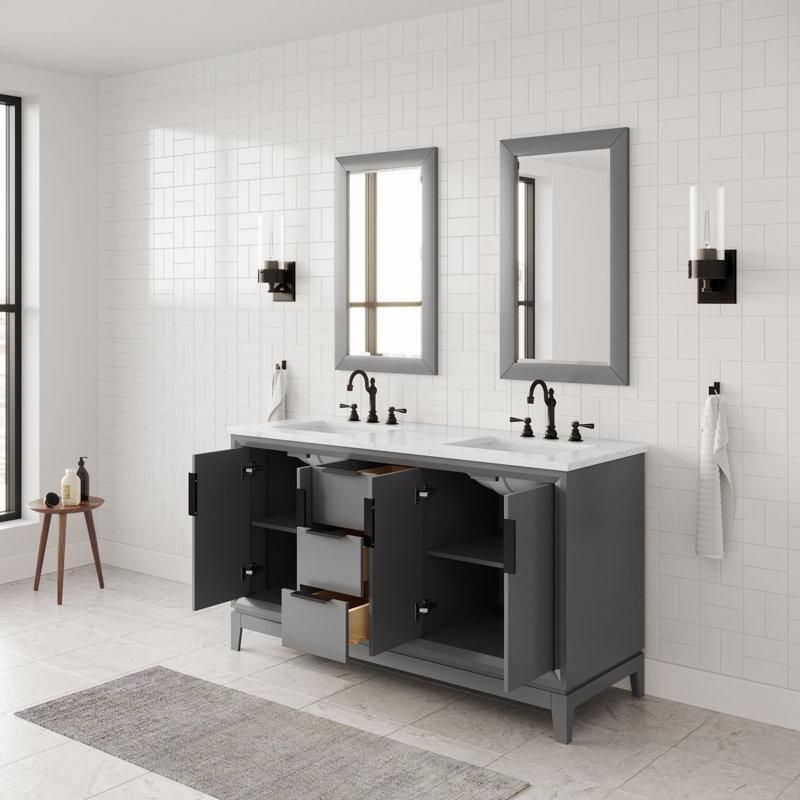 Kaşmir Grisi Mermer Tezgahlı Masif Ahşap İkili Ayaklı Banyo Lavabo Dolabı - 153 cm - 199569