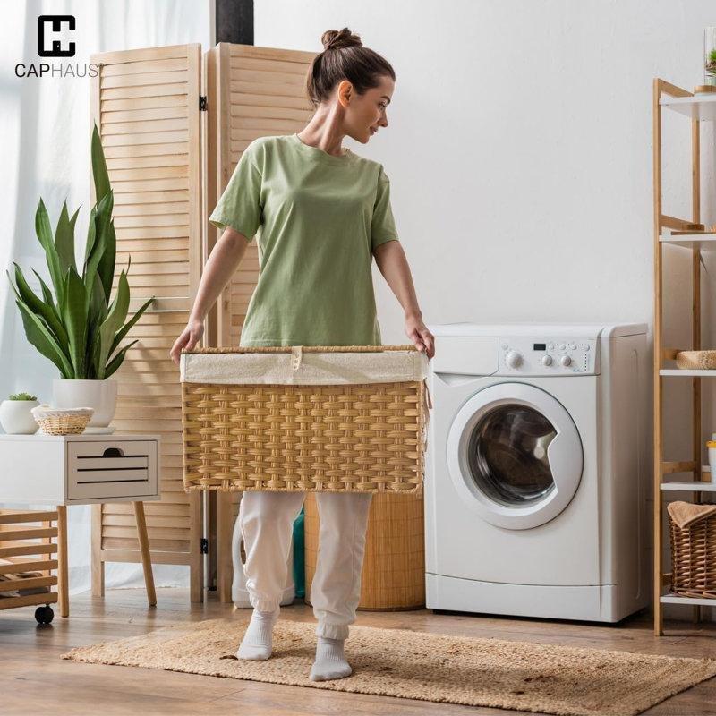 Katlanabilir El Örgüsü Plastik Rattan Kapaklı ve Çıkarılabilir Astarlı Çamaşır Sepeti - 160L - 187622