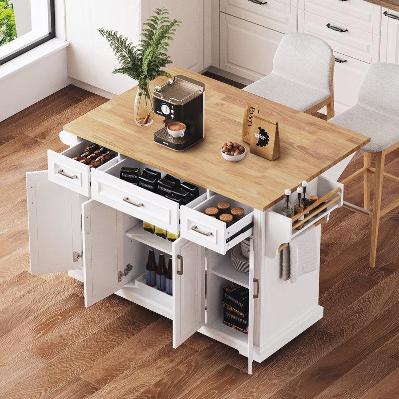 Kauçuk Ağacı Tablalı Tekerlekli ve Açılır Kapanır Mutfak Adası - 138 cm - 176801