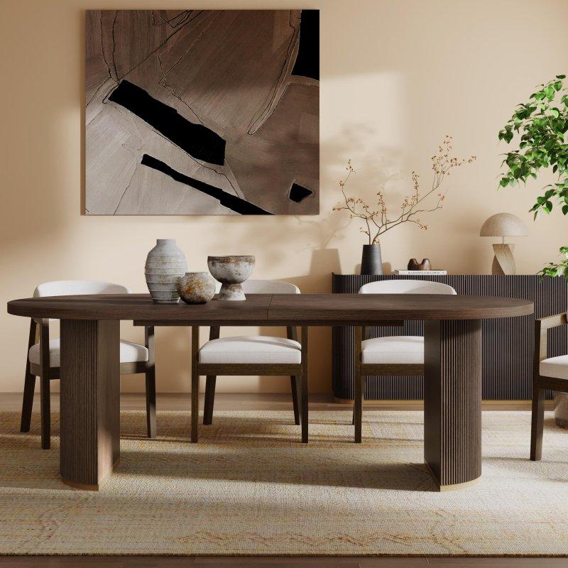 Kauçuk Ağacı Yivli Çift Ayaklı Oval Bohem Yemek Masası - 224x102 cm - 237970