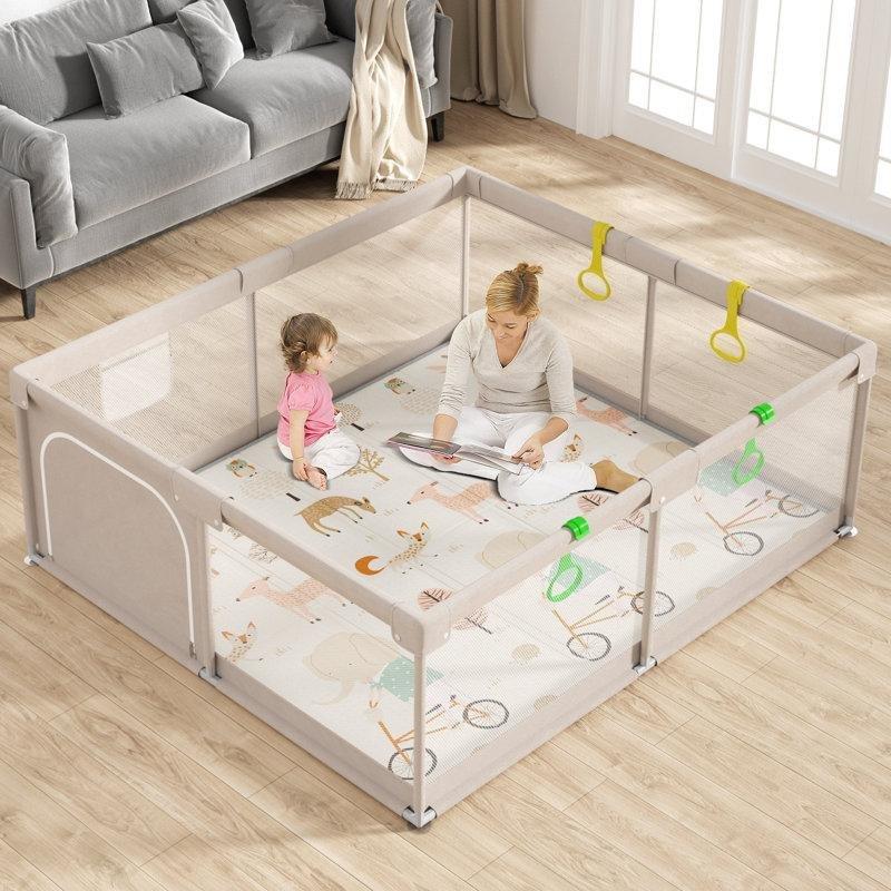 Kaymaz Tabanlı Fermuarlı Kapılı Fileli Metal Bebek Çocuk Oyun Alanı - 150x181 cm - 181595