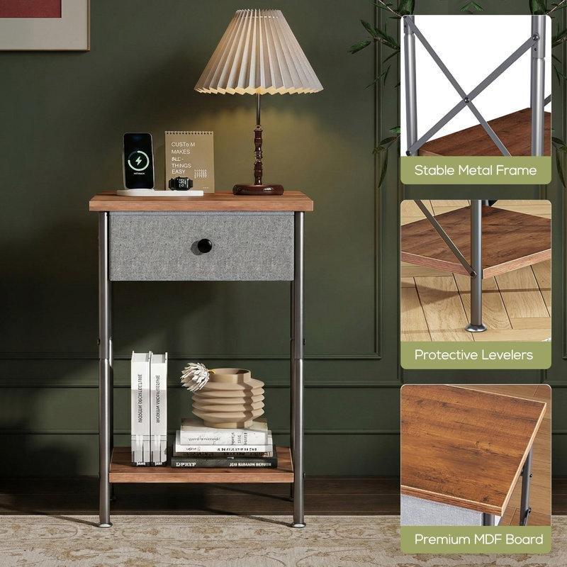 Kenevir Grisi Metal Ayaklı Açık Raflı Kumaş Çekmeceli Komodin - 41x30x61 cm - 224024