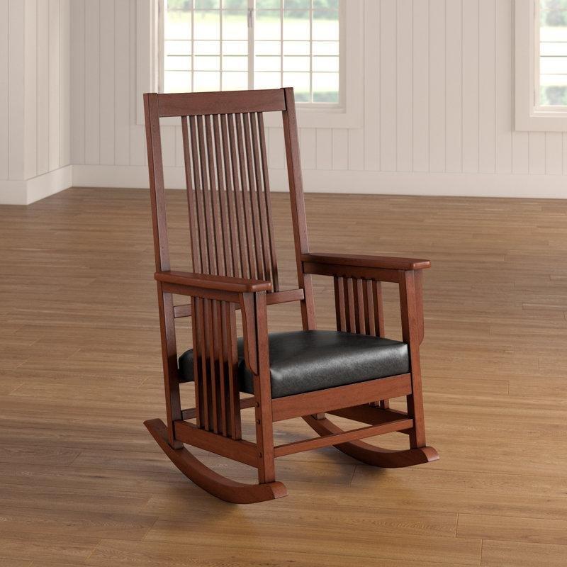 Kestane Rengi Masif Kauçuk Ağacı Suni Deri Döşemeli Klasik Sallanan Sandalye - 69 cm - 218607