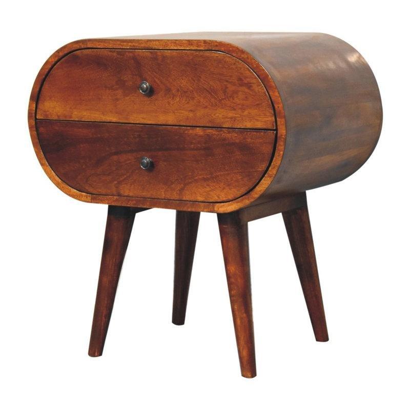 Kestane Rengi Masif Mango Ahşap İki Çekmeceli İskandinav Tarzı Yuvarlak Komodin - 55 cm - 223938