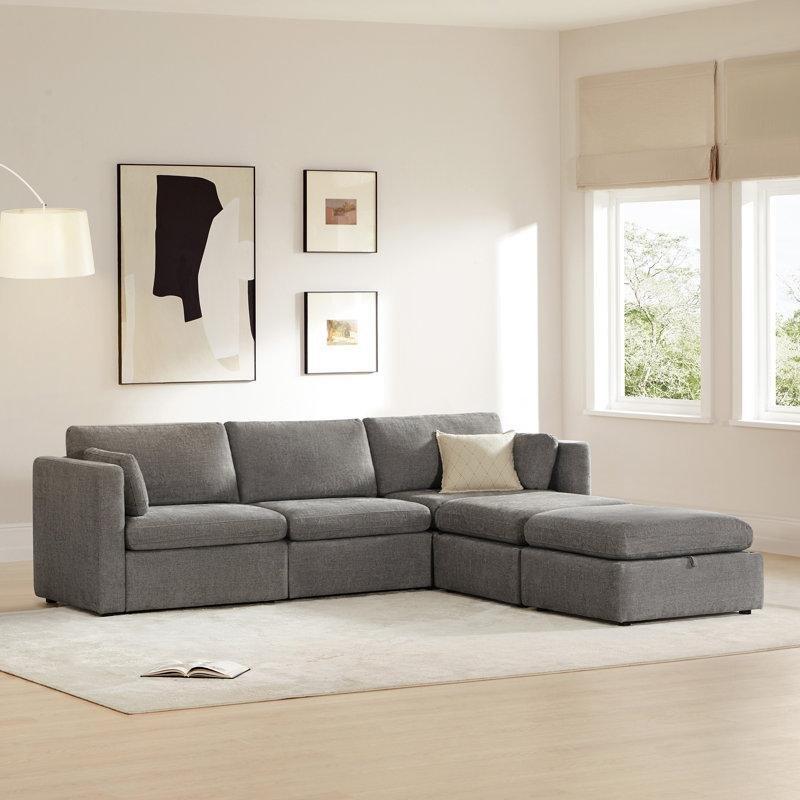 Keten Karışımı Kumaş 5 Parça Modüler 2 Puflu U Köşe Koltuk Takımı - 286 cm - 194445