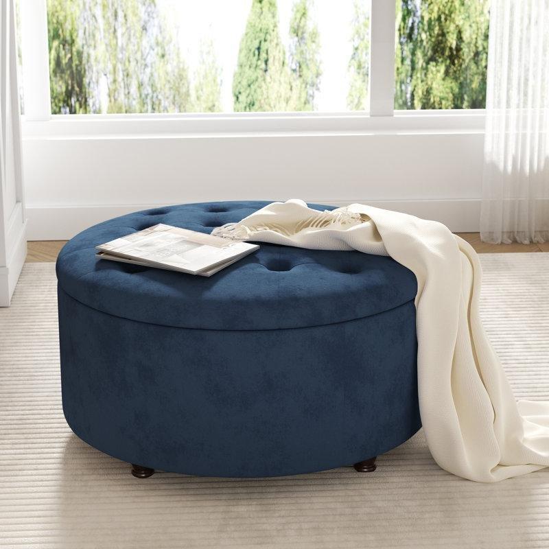Keten Karışımı Kumaş Sandıklı Kapitoneli Ahşap Ayaklı Yuvarlak Puf - 76x43 cm - 165097