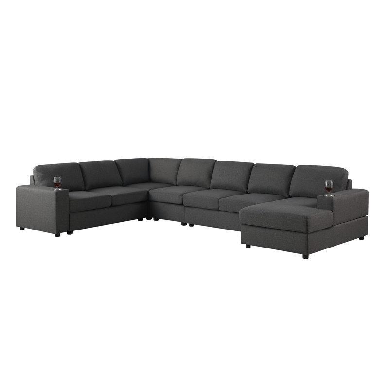 Keten Kumaş Bardaklıklı Modüler Sağ U Köşe Koltuk Takımı - 373x239 cm - 192632