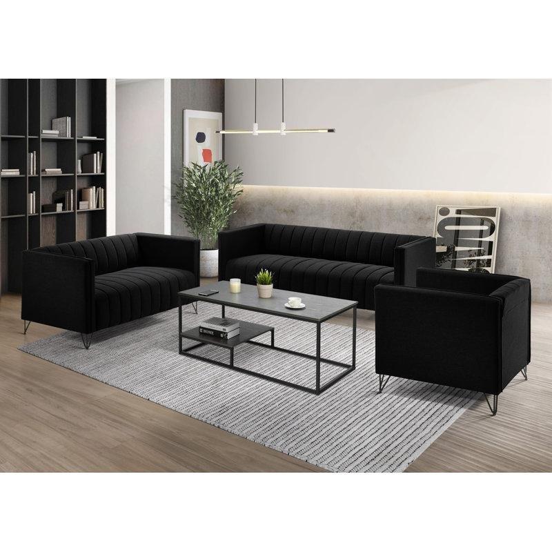 Keten Kumaş Dikey Kapitoneli Siyah Metal Ayaklı Kare Kollu Koltuk - 189 cm - 196069