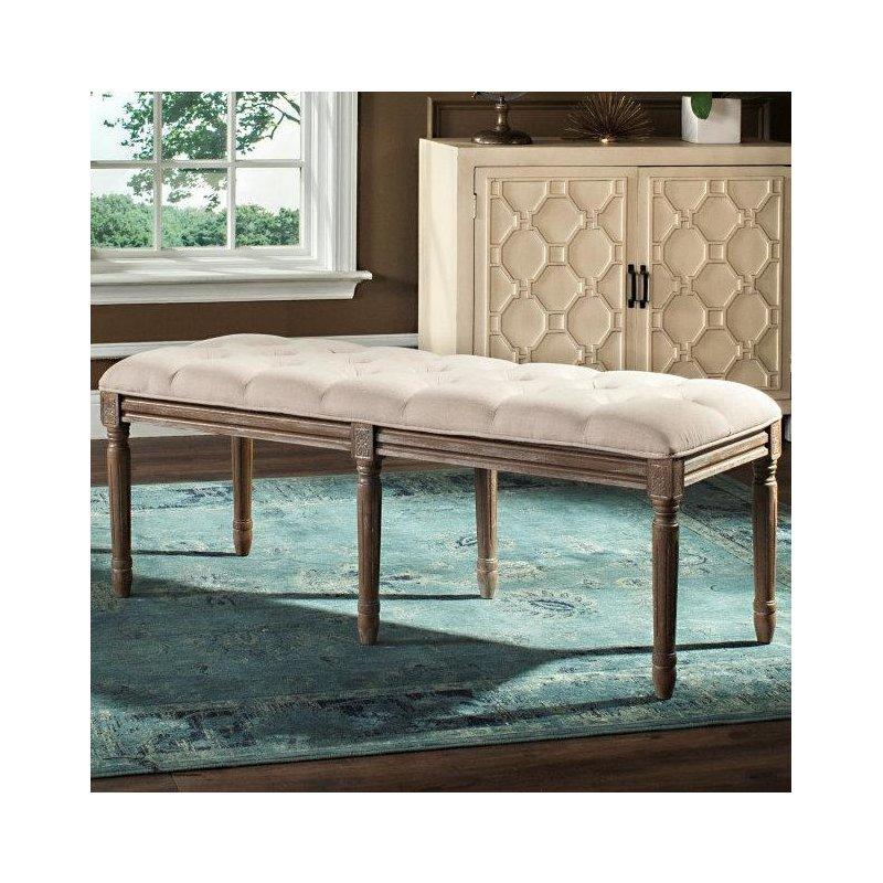 Keten Kumaş Döşemeli Kapitoneli Oymalı Masif Ahşap Ayaklı Bench - 121 cm - 164242