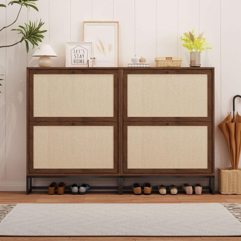 Keten Kumaş Kapaklı MDF Düşer Kapaklı Ayakkabılık 16 Çift Kapasiteli 2li Set - 230352