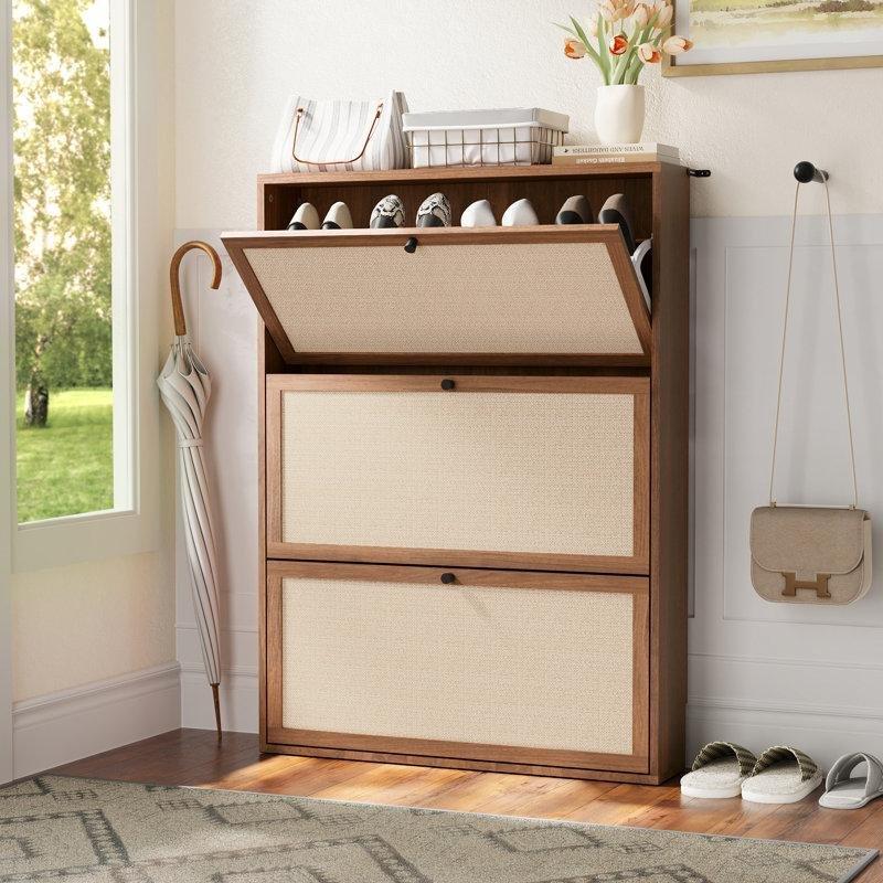 Keten Kumaş Kapaklı MDF Düşer Kapaklı Ayakkabılık - 80x18x110 cm - 229501