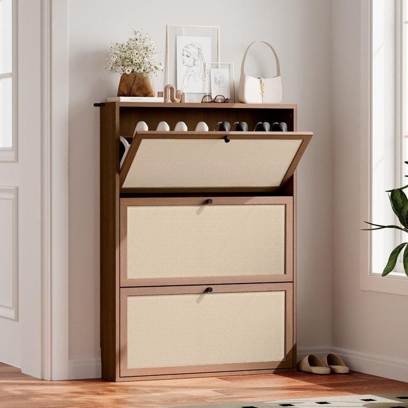 Keten Kumaş Kapaklı MDF Düşer Kapaklı Ayakkabılık - 80x18x110 cm - 229501