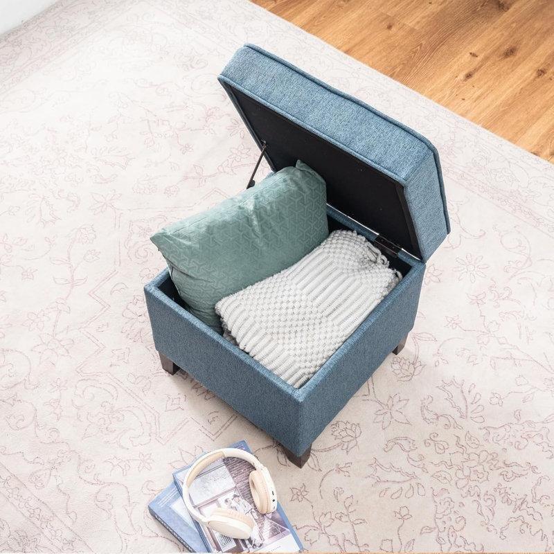 Keten Kumaş Kapitoneli Sandıklı Masif Ahşap Ayaklı Puf - 45x45 cm - 165049