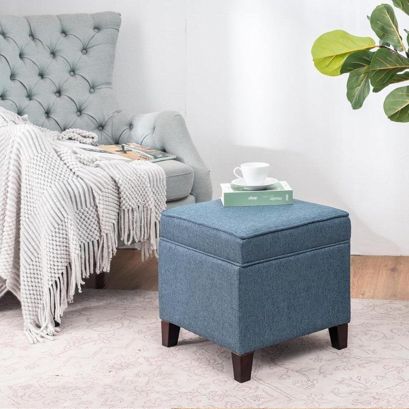 Keten Kumaş Kapitoneli Sandıklı Masif Ahşap Ayaklı Puf - 45x45 cm - 165049