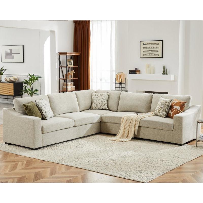 Keten Kumaş Masif Ahşap İskeletli Eğimli Kollu Köşe Koltuk Takımı - 285x285 cm - 194542