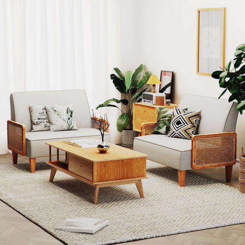 Keten Masif Ahşap Rattan Kollu İkili Koltuk - 110 cm - 205680