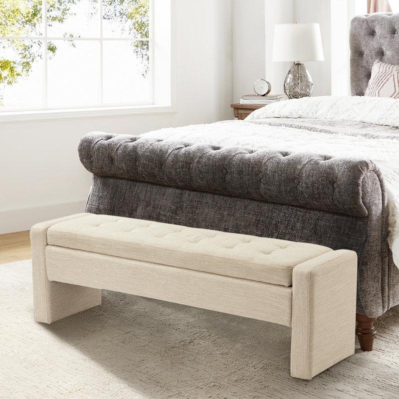 Keten Rengi Polyester Kumaş Kapitoneli Sandıklı Modern Ahşap Bench - 140 cm - 164761