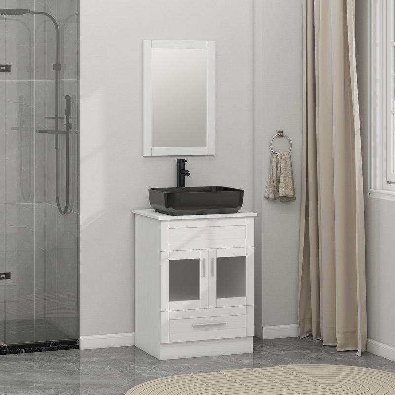 Kırık Beyaz Ahşap Aynalı Çekmeceli Siyah Çanak Lavabolu Banyo Lavabo Dolabı - 61 cm - 201664