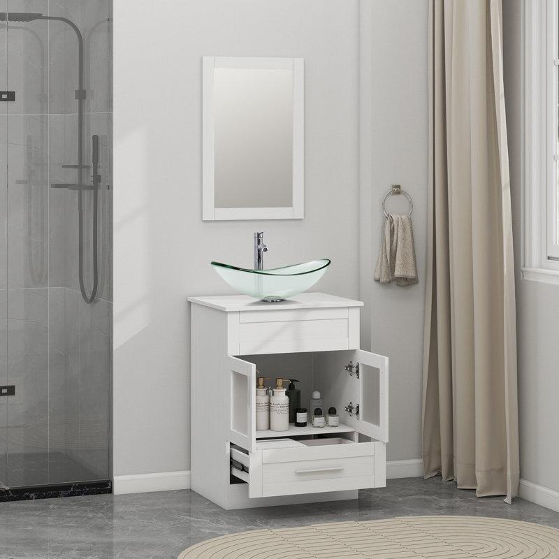 Kırık Beyaz Aynalı Cam Lavabolu Ayaklı Banyo Dolabı - 61 cm - 201967