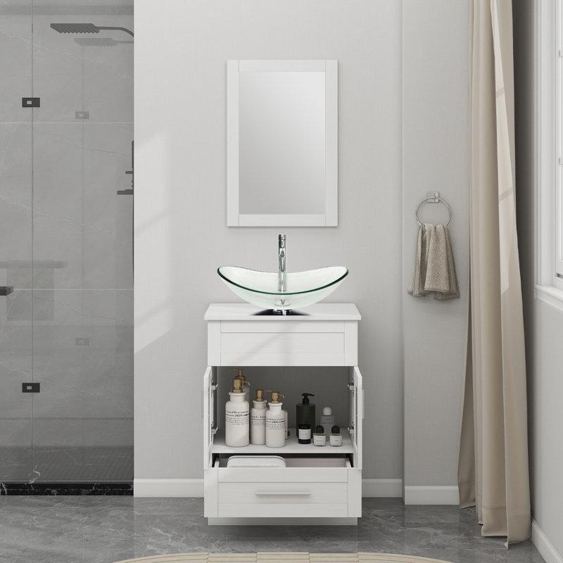 Kırık Beyaz Aynalı Cam Lavabolu Ayaklı Banyo Dolabı - 61 cm - 201967