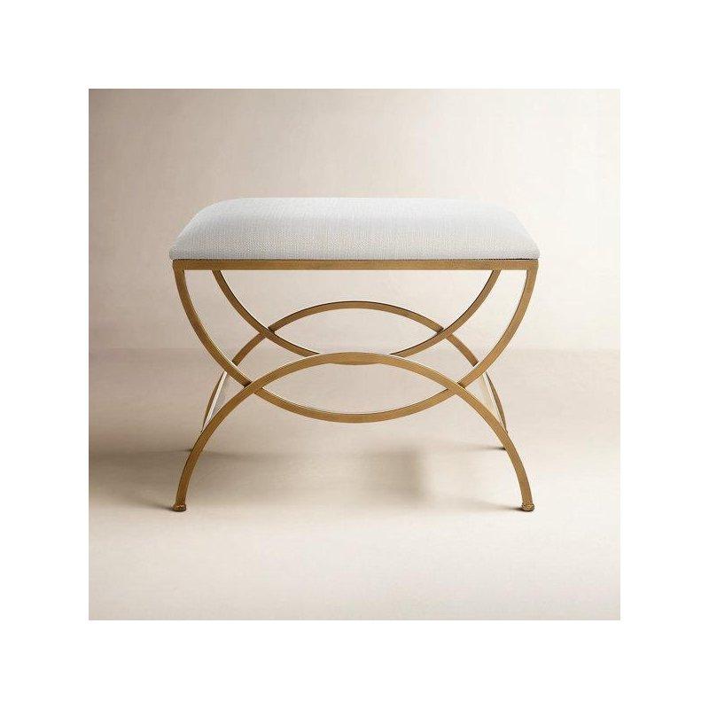 Kırık Beyaz Kumaş Döşemeli Eskitme Pirinç Metal Makyaj Masası Pufu - 61x44 cm - 232934
