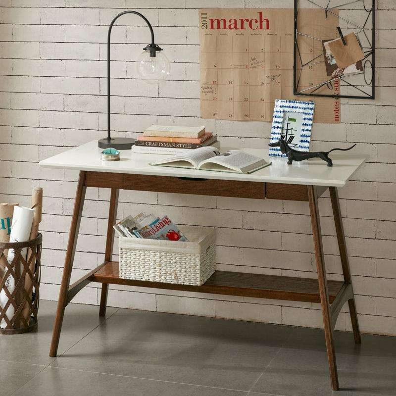 Kırık Beyaz Masif Kauçuk Ağacı Çekmeceli ve Raflı Vintage Çalışma Masası - 122x61 cm - 234755