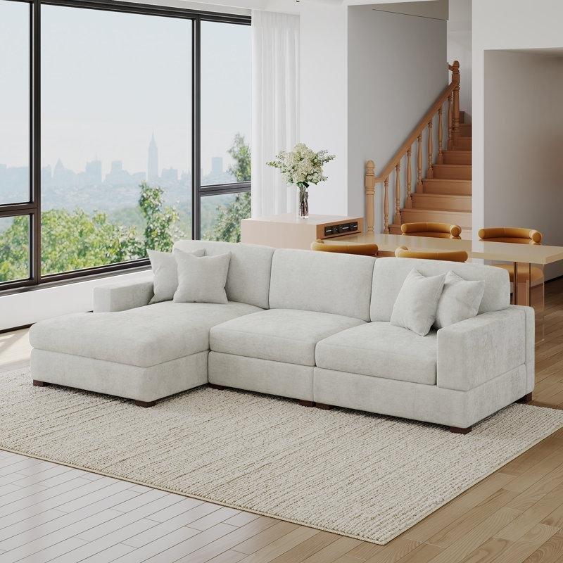 Kırık Beyaz Şönil Kumaş Modüler Ayarlanabilir Başlıklı Sol Köşe Koltuk Takımı - 297x158 cm - 192731