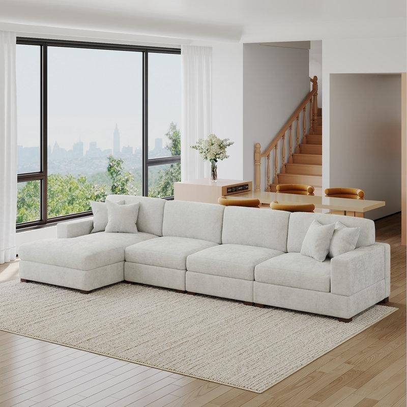 Kırık Beyaz Şönil Kumaş Modüler Ayarlanabilir Başlıklı Sol Köşe Koltuk Takımı - 386 cm - 193482