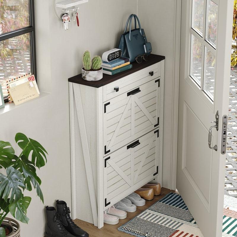 Kirli Beyaz MDF Kır Evi Tarzı Çekmeceli Düşer Kapaklı Ayakkabılık - 81 cm - 229973