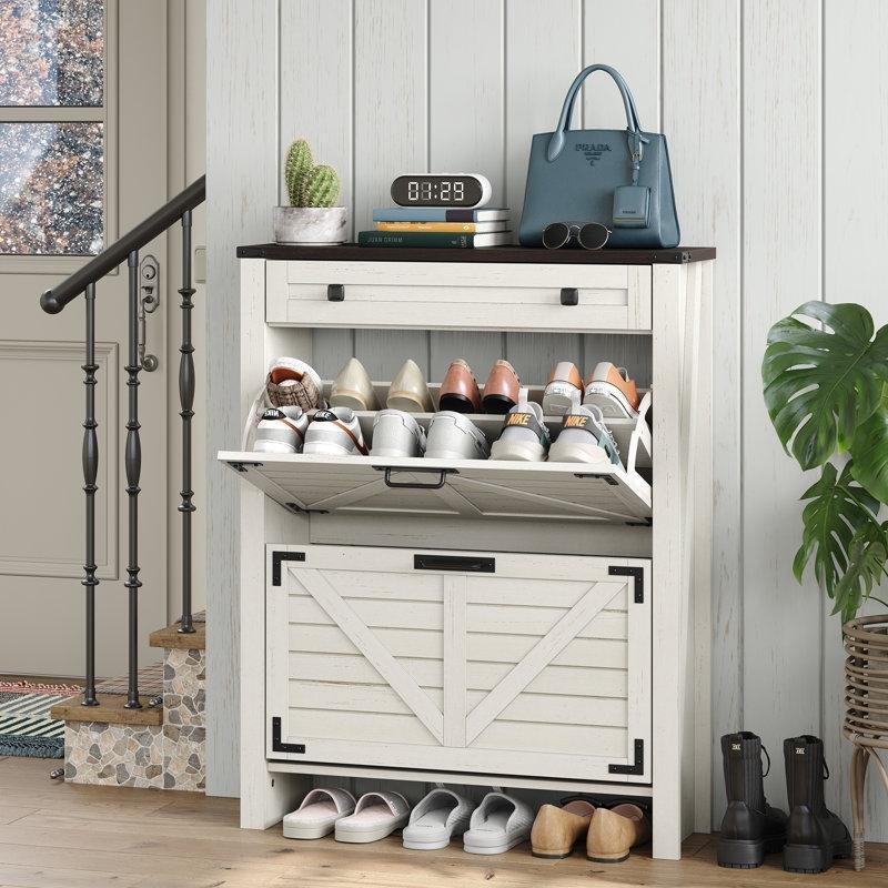 Kirli Beyaz MDF Kır Evi Tarzı Çekmeceli Düşer Kapaklı Ayakkabılık - 81 cm - 229973