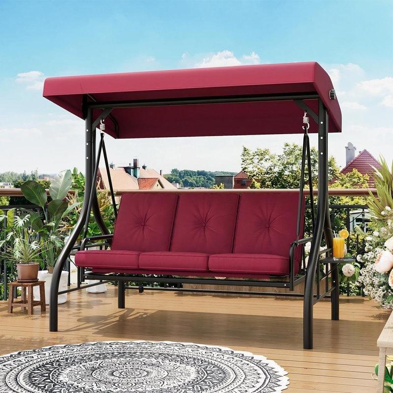 Kırmızı Çelik Ayarlanabilir Tenteli Yatağa Dönüşebilir 3 Kişilik Balkon Salıncağı - 174752