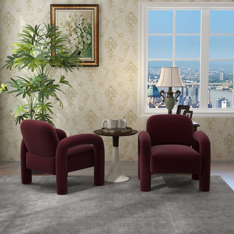 Kırmızı Kadife Kare Kollu 2li Set Masif Ahşap Tekli Koltuk - 72x72x77 cm - 204695