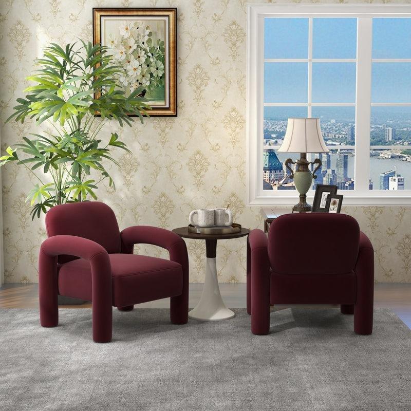 Kırmızı Kadife Kare Kollu 2li Set Masif Ahşap Tekli Koltuk - 72x72x77 cm - 204695