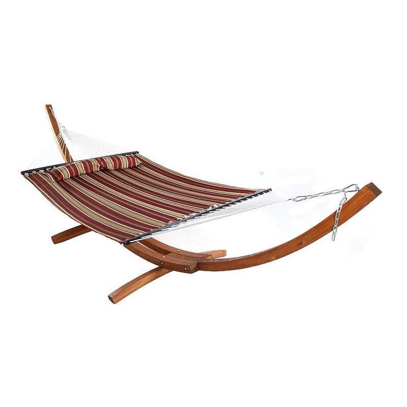 Kırmızı Kahverengi Masif Ahşap Kavisli İki Kişilik Minderli Ayaklı Hamak - 362 cm - 178502