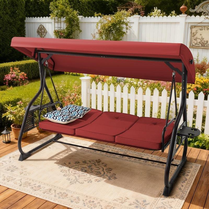 Kırmızı Metal 3 Kişilik Ayarlanabilir Tenteli ve Bardaklıklı Yatağa Dönüşen Balkon Salıncağı - 200 cm - 174309