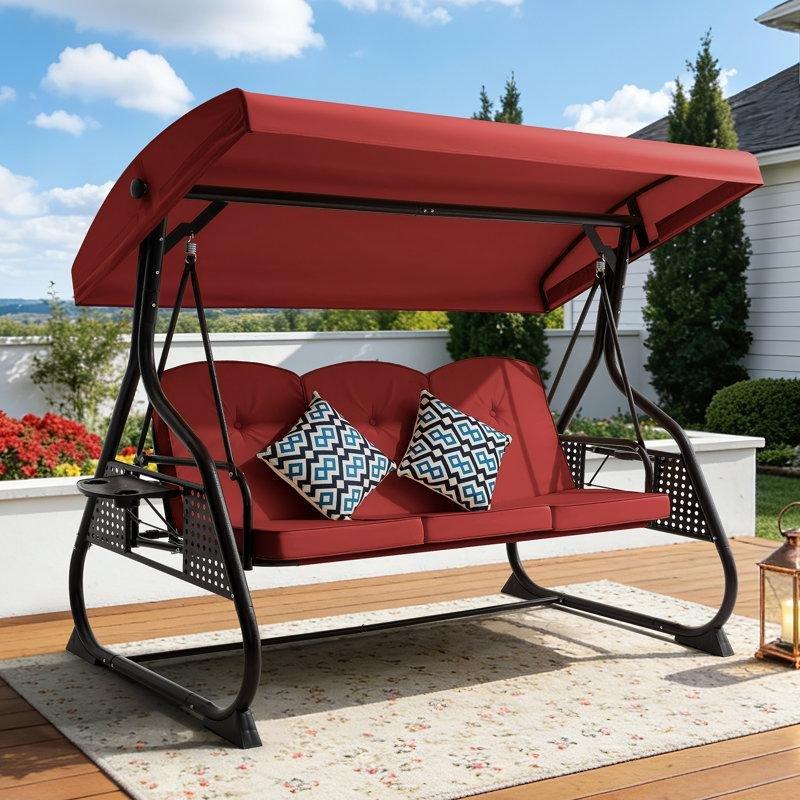 Kırmızı Metal 3 Kişilik Ayarlanabilir Tenteli ve Bardaklıklı Yatağa Dönüşen Balkon Salıncağı - 200 cm - 174309