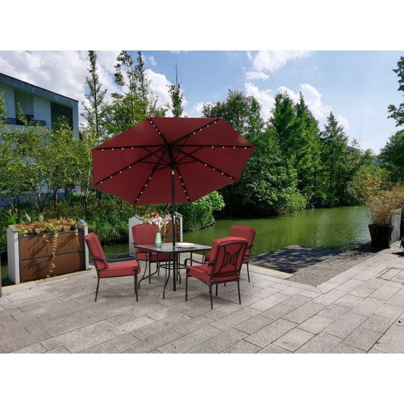 Kırmızı Minderli Kahverengi Toz Boyalı Çelik İstiflenebilir Şemsiye Delikli Kare Bahçe Masa Takımı - 102x102 cm - 215998