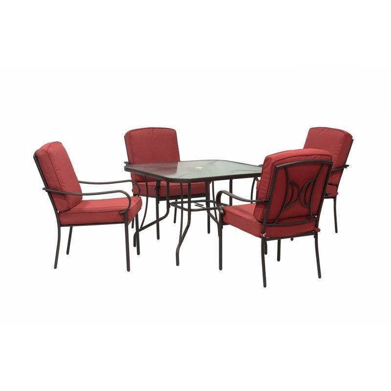 Kırmızı Minderli Kahverengi Toz Boyalı Çelik İstiflenebilir Şemsiye Delikli Kare Bahçe Masa Takımı - 102x102 cm - 215998