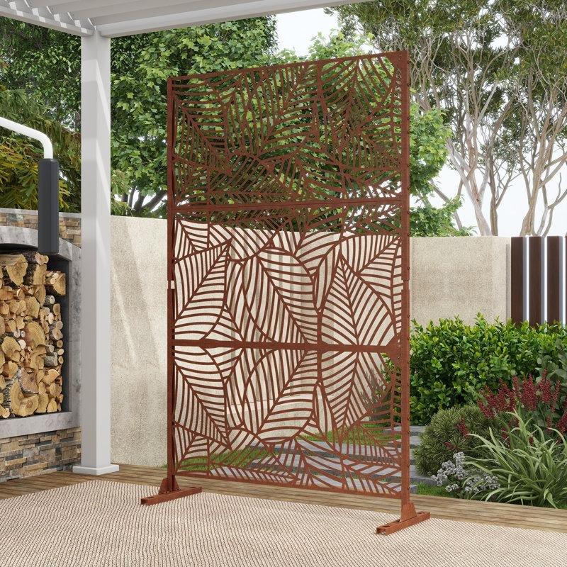 Kırmızımsı Kahverengi Galvaniz Çelik Lazer Kesim Yaprak Desenli Bahçe Paravanı - 190x120 cm - 172898