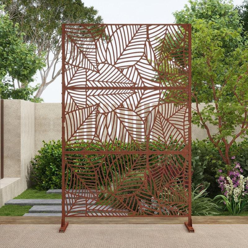 Kırmızımsı Kahverengi Galvaniz Çelik Lazer Kesim Yaprak Desenli Bahçe Paravanı - 190x120 cm - 172898