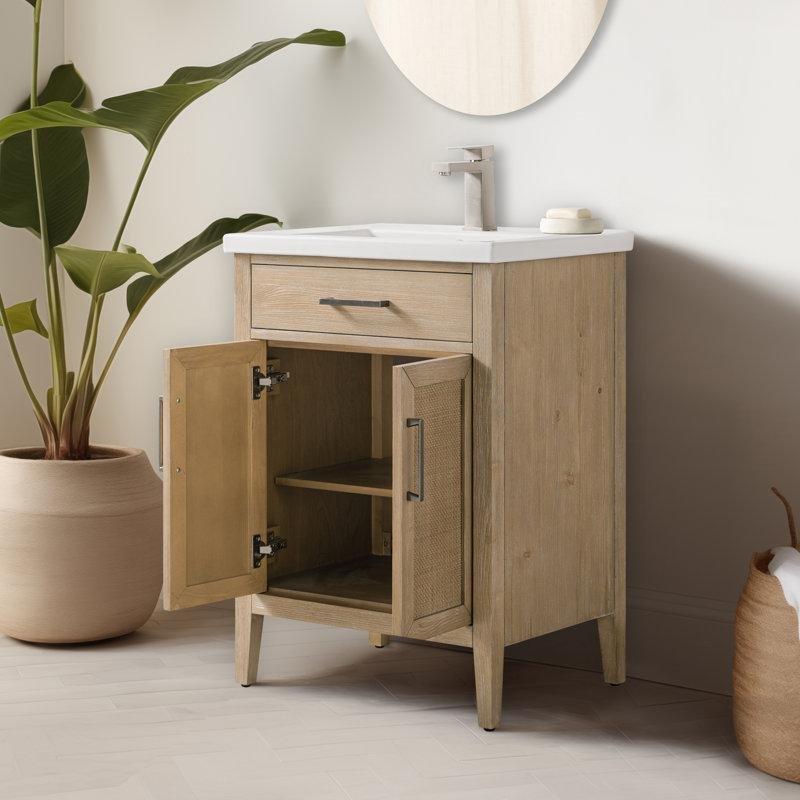 Kıyı Kumu Rattan Kapaklı Seramik Lavabolu Masif Ahşap Banyo Dolabı - 61 cm - 198759