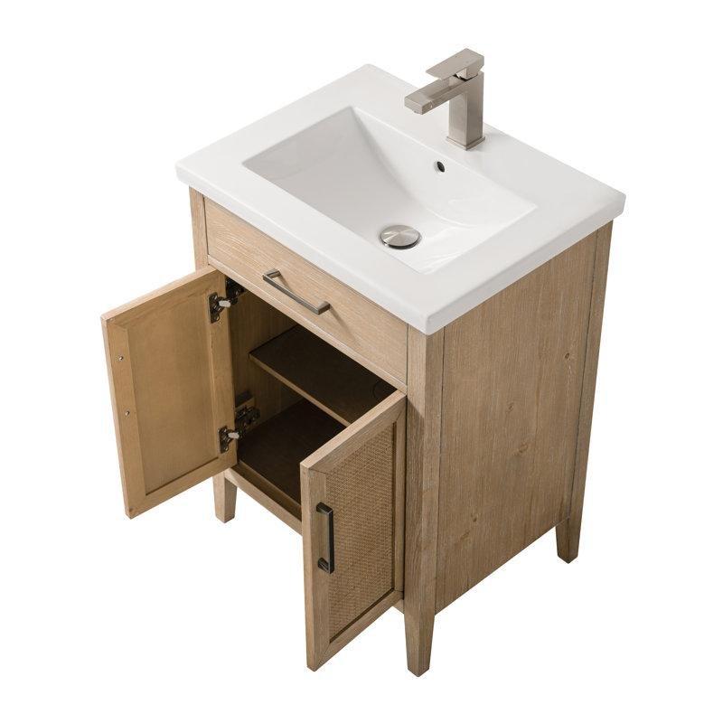 Kıyı Kumu Rattan Kapaklı Seramik Lavabolu Masif Ahşap Banyo Dolabı - 61 cm - 198759