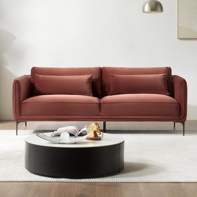 Kızıl Kahverengi Kadife Metal Ayaklı Kare Kollu 3 Parça Koltuk Takımı - 191124