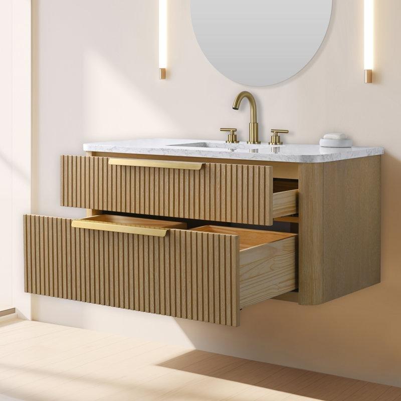 Klasik Meşe Masif Ahşap Kompoze Taş Tezgahlı Çekmeceli Duvara Monte Banyo Lavabo Dolabı - 107 cm - 198603