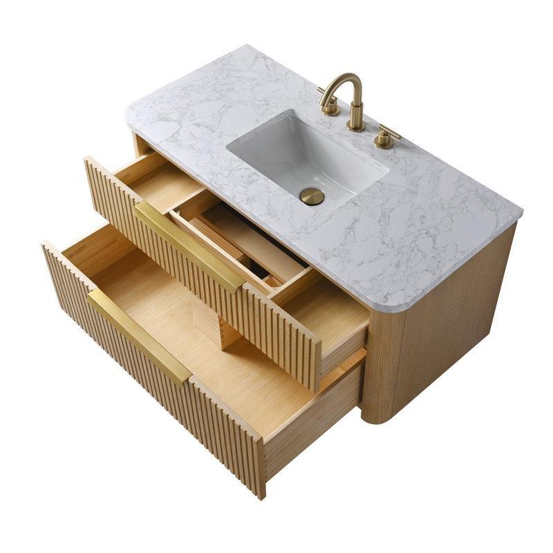 Klasik Meşe Masif Ahşap Kompoze Taş Tezgahlı Çekmeceli Duvara Monte Banyo Lavabo Dolabı - 107 cm - 198603