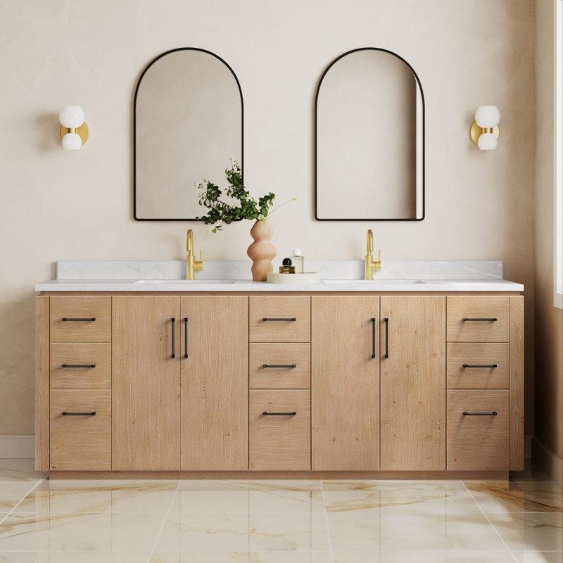 Köknar Ağacı Kahverengi Masif Ahşap Kültür Mermeri Tezgahlı İkili Banyo Lavabo Dolabı - 214 cm - 198659