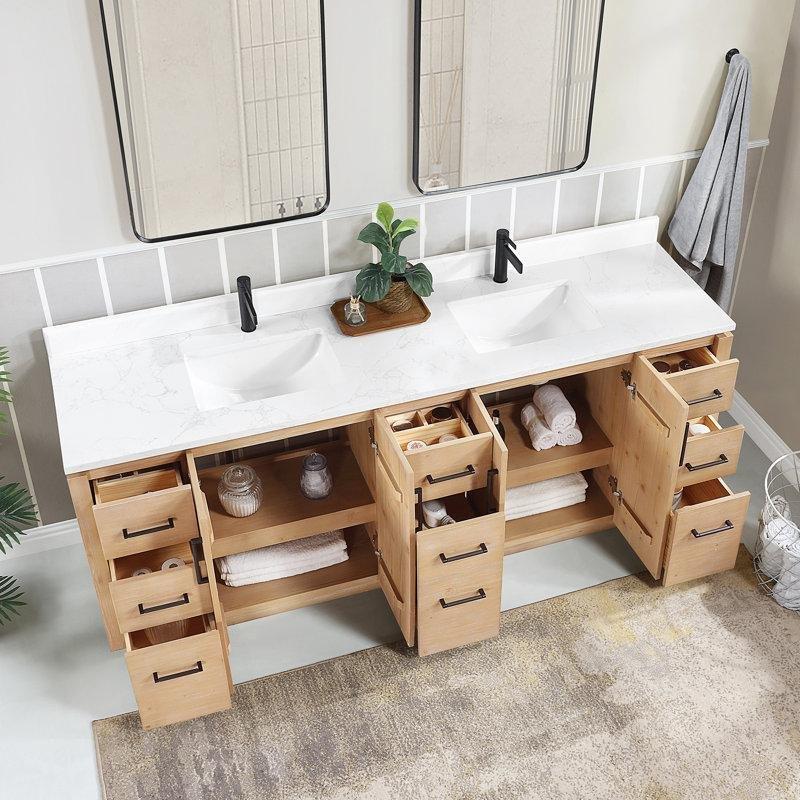 Köknar Ağacı Kahverengi Masif Ahşap Kültür Mermeri Tezgahlı İkili Banyo Lavabo Dolabı - 214 cm - 198659