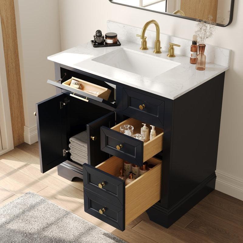 Kompoze Mermer Tezgahlı Masif Ahşap Yavaş Kapanır Ayaklı Banyo Lavabo Dolabı - 91 cm - 200933
