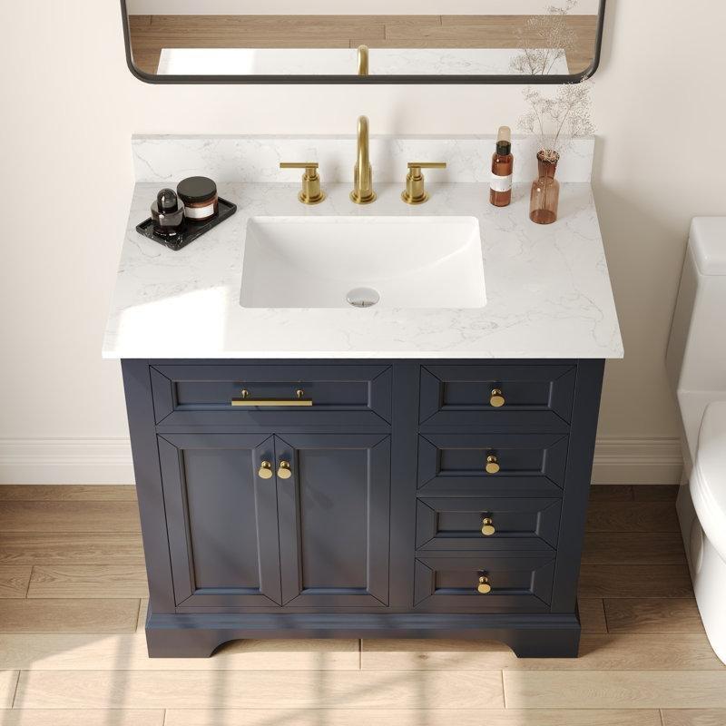 Kompoze Mermer Tezgahlı Masif Ahşap Yavaş Kapanır Ayaklı Banyo Lavabo Dolabı - 91 cm - 200933